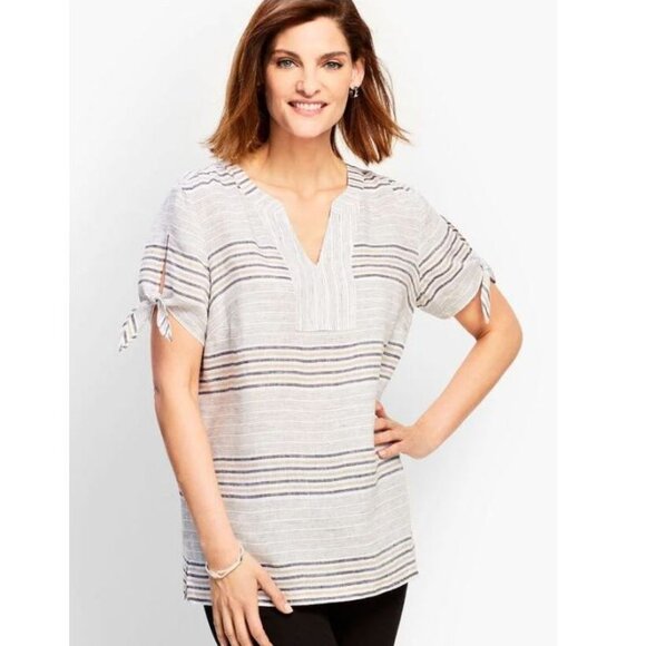 Talbots Reef Stripe Linen Tie-Sleeve Shirt - MP - Picture 9 of 11